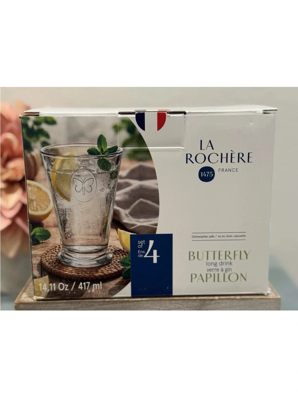 La Rochere France Butterfly Papillon Long Drink Glasses 4pc 14.11 oz Clear, NIB